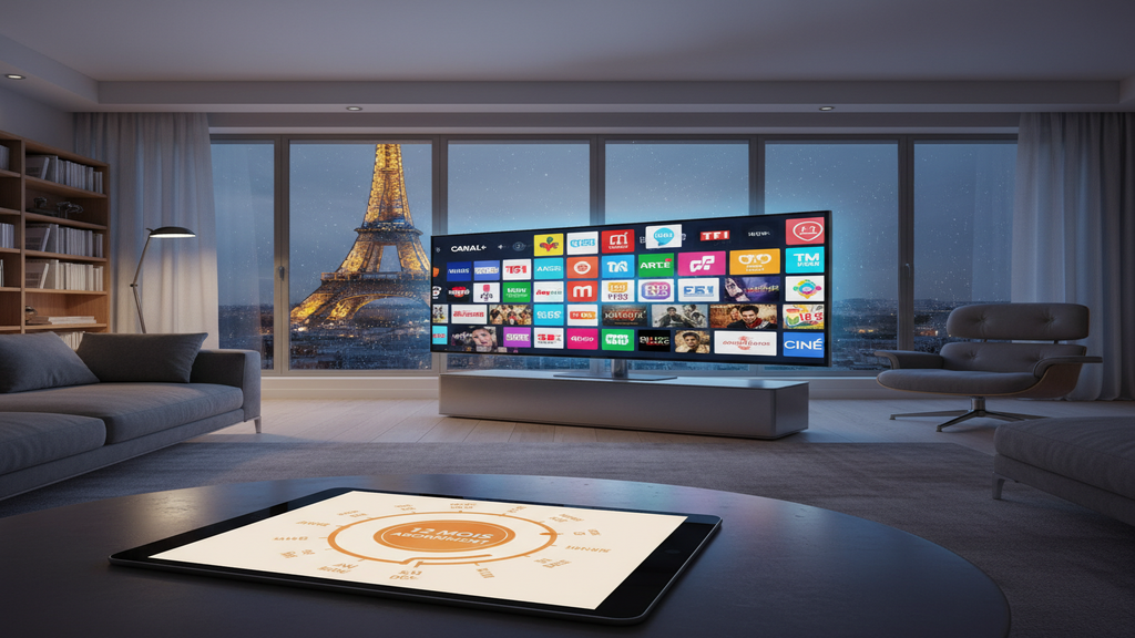 Un guide complet sur l'abonnement IPTV 12 mois affiché sur un écran de Smart TV.