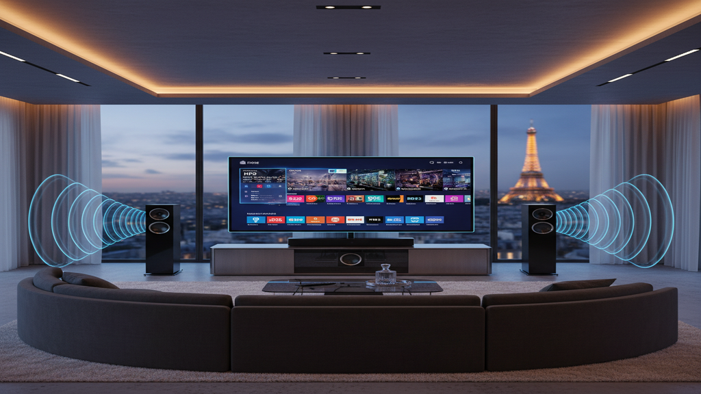 Un home cinéma moderne profitant d'un abonnement IPTV Dolby Atmos