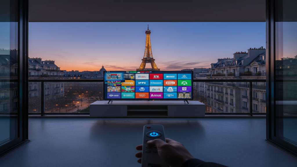 Un écran de Smart TV affichant une interface de sélection de chaînes pour un abonnement IPTV.