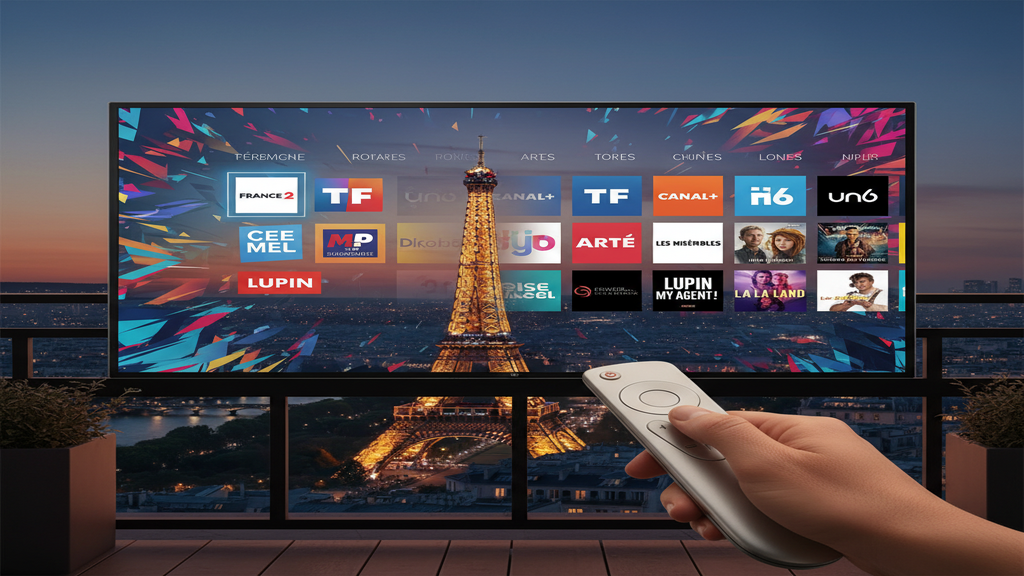 Illustration montrant des avis sur les services IPTV les plus utilisés en France sur un écran de Smart TV.