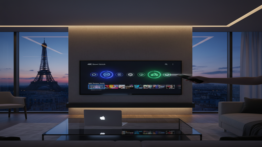 Un écran de Smart TV affichant les options pour activer les sous-titres et l'audio multilingue dans une application IPTV.