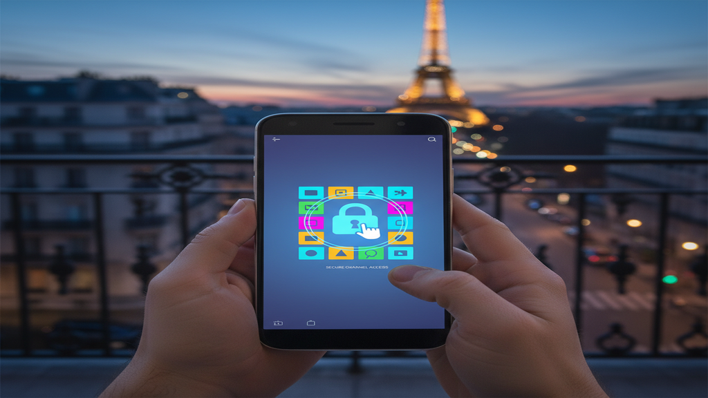 Personne configurant une application IPTV sécurisée sur une tablette Android avec un logo de cadenas.