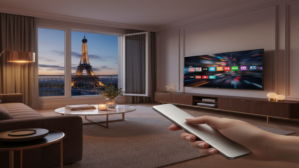Guide pour trouver le meilleur abonnement IPTV France affiché sur une Smart TV.