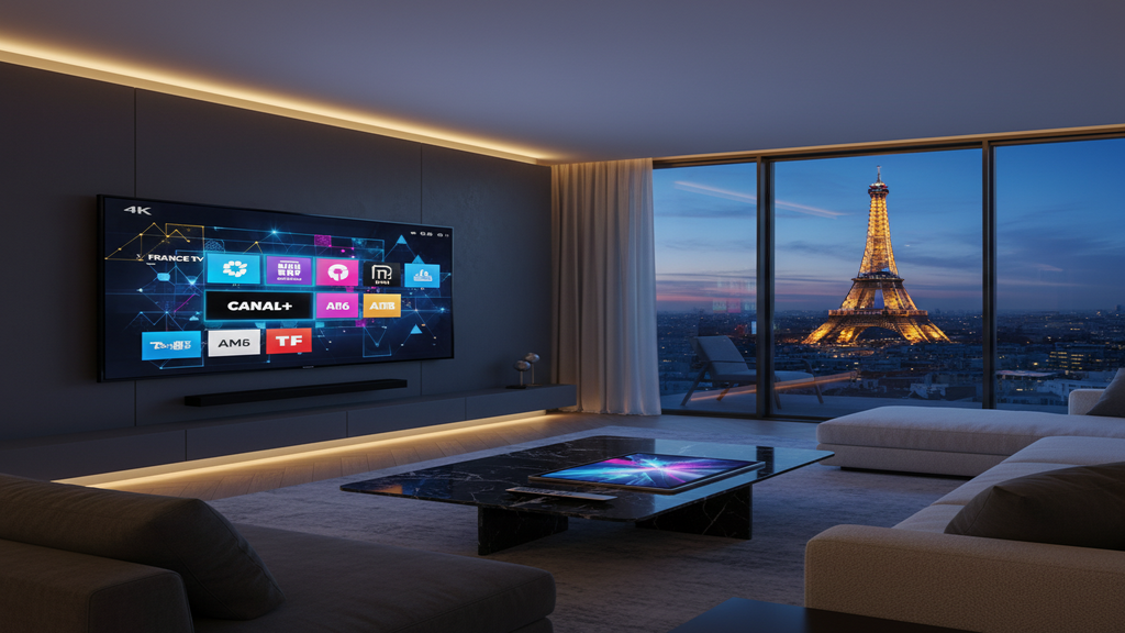 Un écran de télévision affichant une mosaïque de chaînes pour illustrer le meilleur abonnement IPTV.