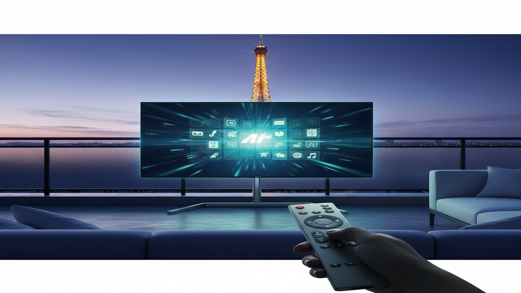 Un écran de Smart TV affichant une mosaïque de chaînes, illustrant les meilleures offres IPTV disponibles en France.