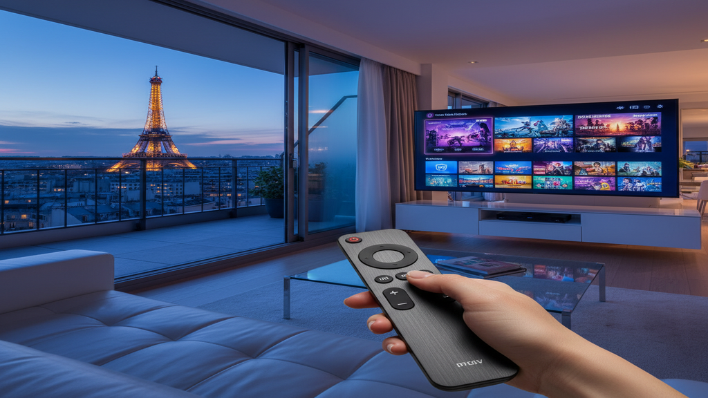 Écran de Smart TV affichant une interface d'abonnement IPTV avec des options de replay et VOD inclus.