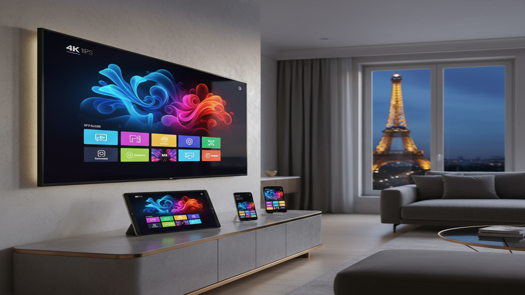 Un visuel montrant la compatibilité entre un fournisseur IPTV et divers lecteurs IPTV populaires sur une Smart TV.