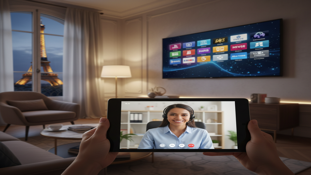 Un conseiller client avec un casque répondant à la question : quels fournisseurs IPTV proposent une assistance client en français ?