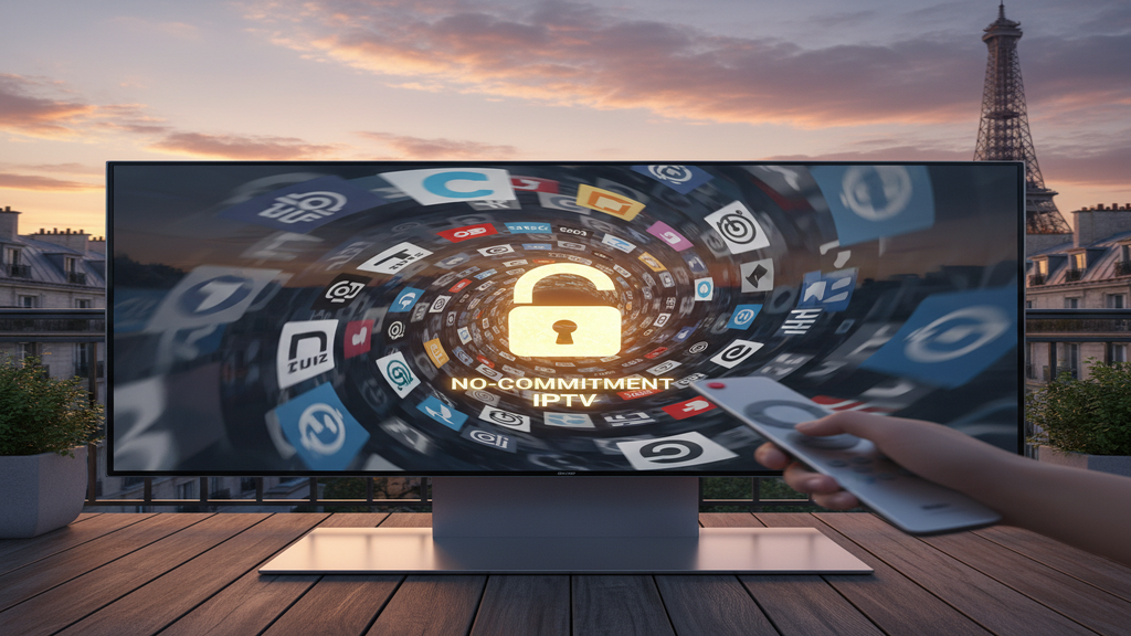 Télécommande pointant vers une smart TV affichant une interface IPTV, illustrant le choix d'un fournisseur IPTV sans engagement.