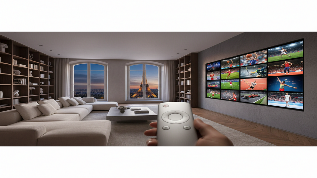 Un écran de télévision affichant plusieurs logos de chaînes sportives en direct via un service IPTV