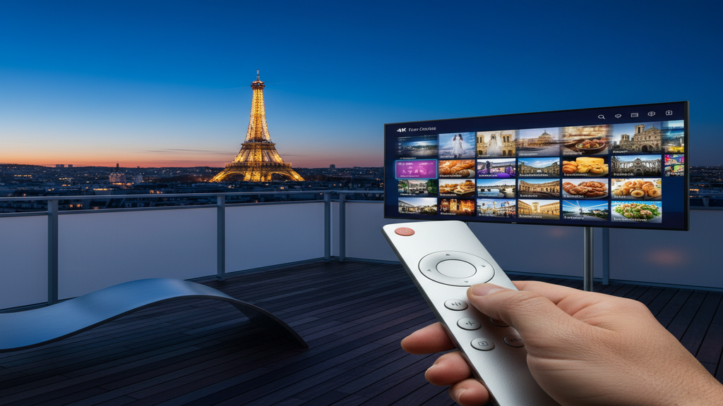 Un écran de Smart TV affichant une sélection de services IPTV avec des chaînes françaises en direct.